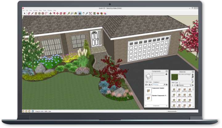 Laptop showing a 3D design plan of a backyard patio
