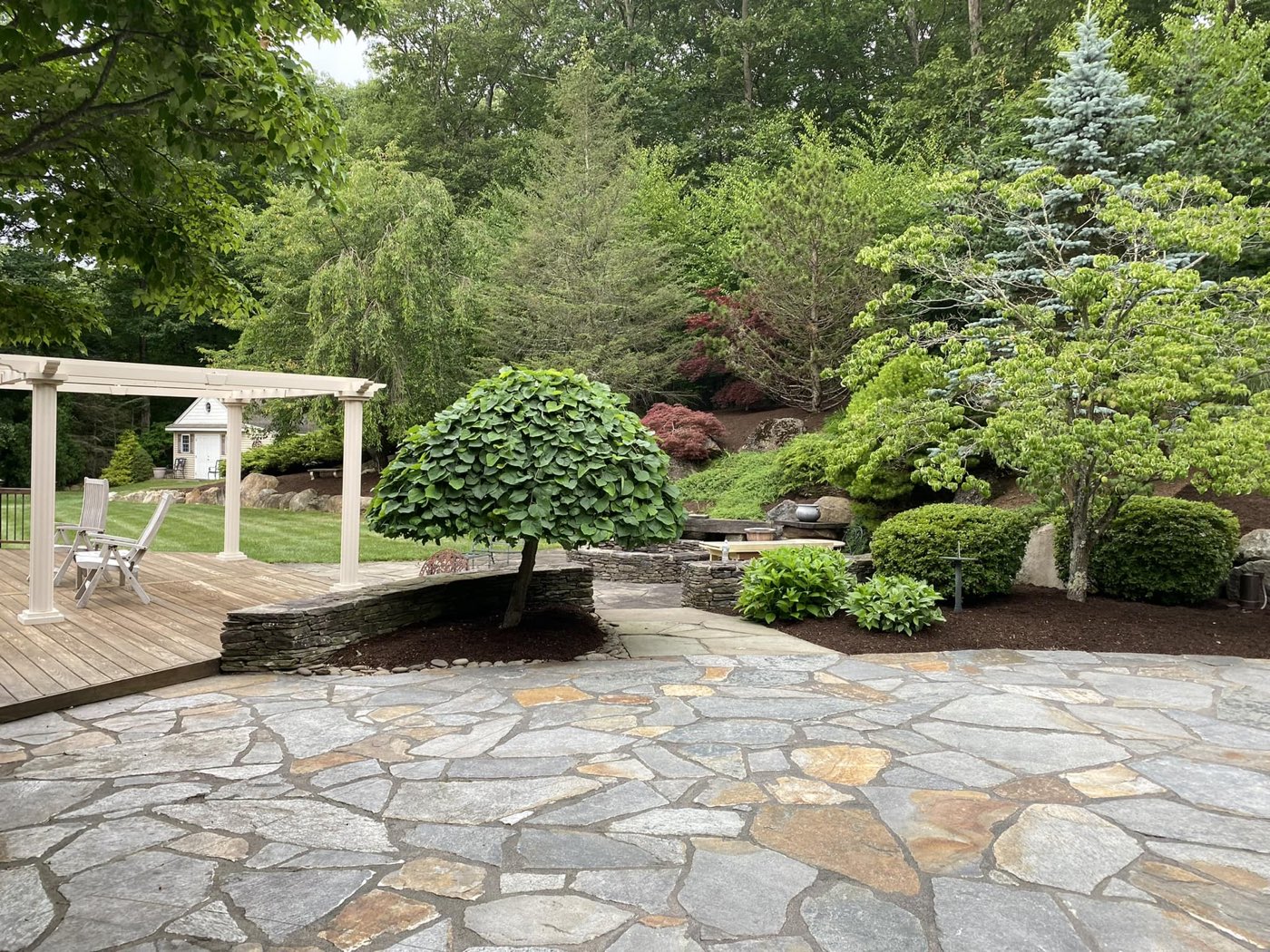 Flagstone patio with pergola and plantings